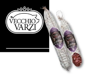 Schwarze Knoblauchsalami von Vecchio Varzi mit Markenlogo.