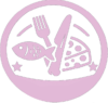 Icona rosa con pesce, posate e formaggio.